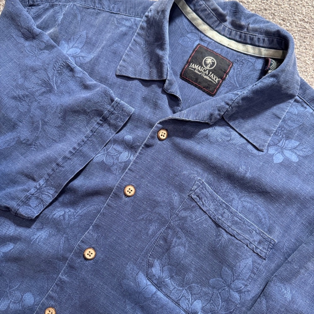 Jamaica Jaxx Shirt Mens Large Blue Floral 100% Silk Jacquard Tropical Camp Aloha